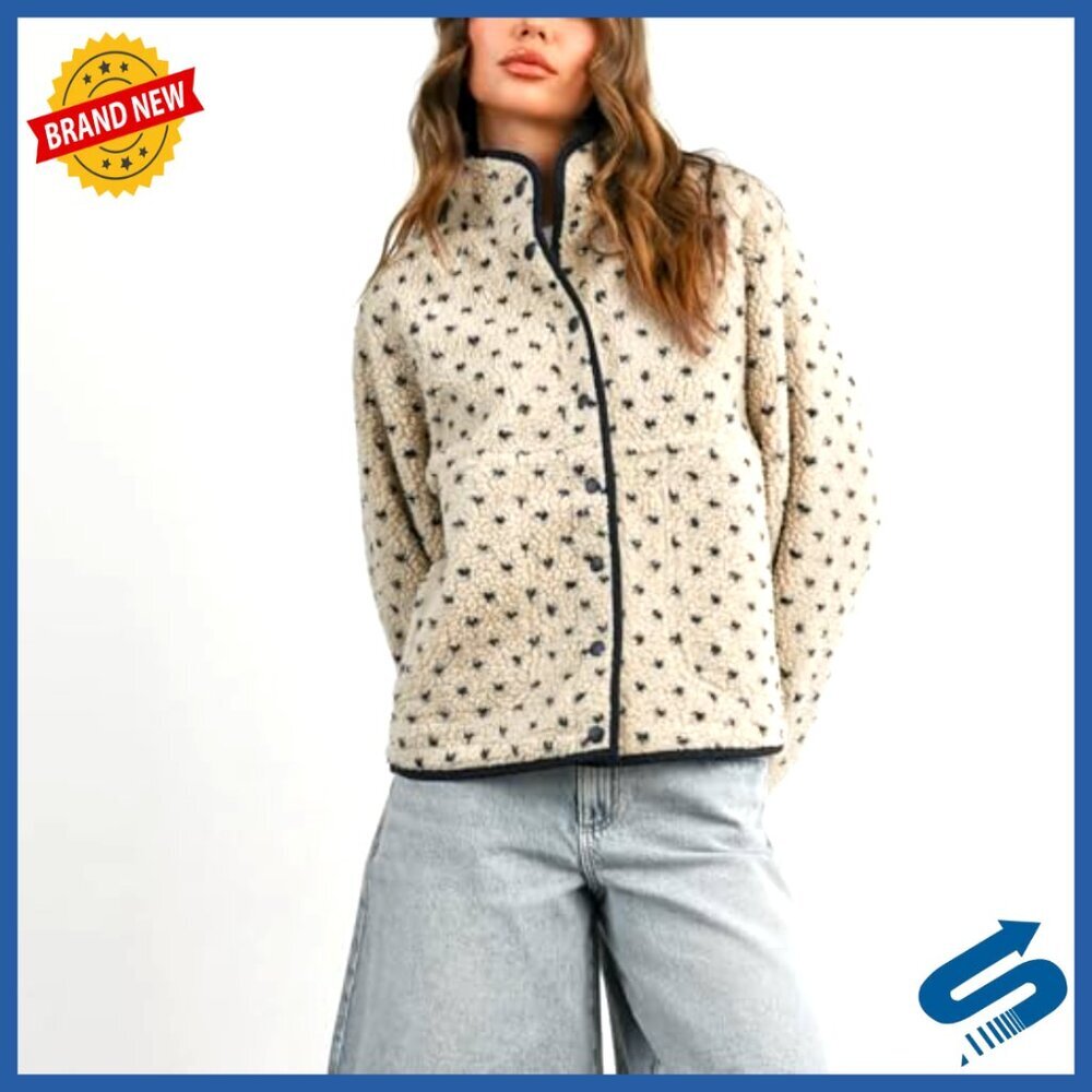 Slouchy Fleece Jacket Women Long Sleeve Button Down High Neck Polka Dot - Picture 6 of 7